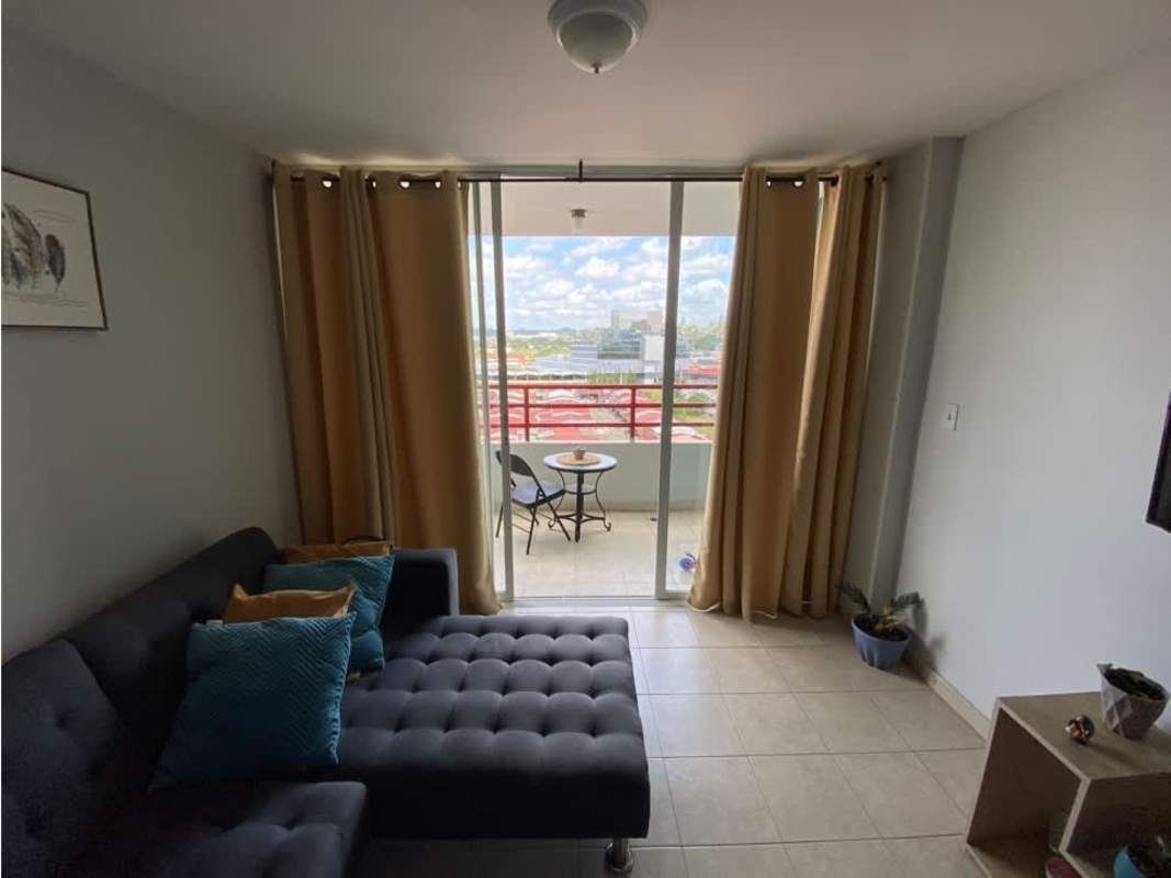 Covered balcony overlooking Panama City skyline PH Marquez Bella Vista apartment