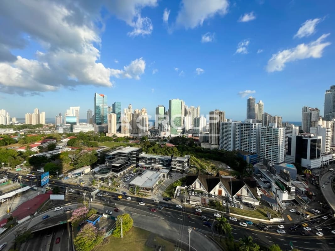 Skyline aerial of Marbella showing Wanders & Yoo twin towers on Panama waterfront