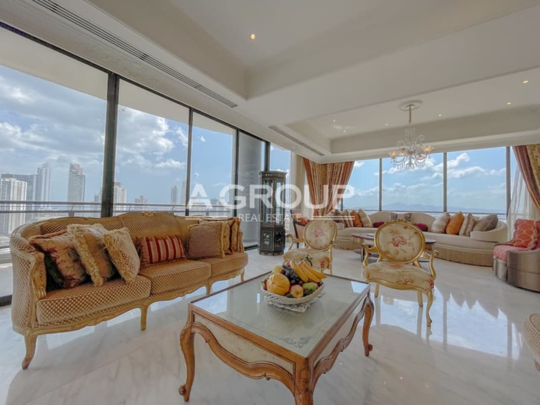 Spacious kitchen with island, granite counters, panoramic skyline views Torre Imperial Panama