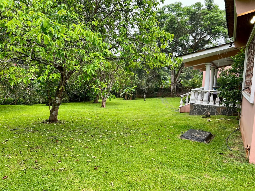 Large garden lawn with mature trees and covered porch at residential house Las Cumbres