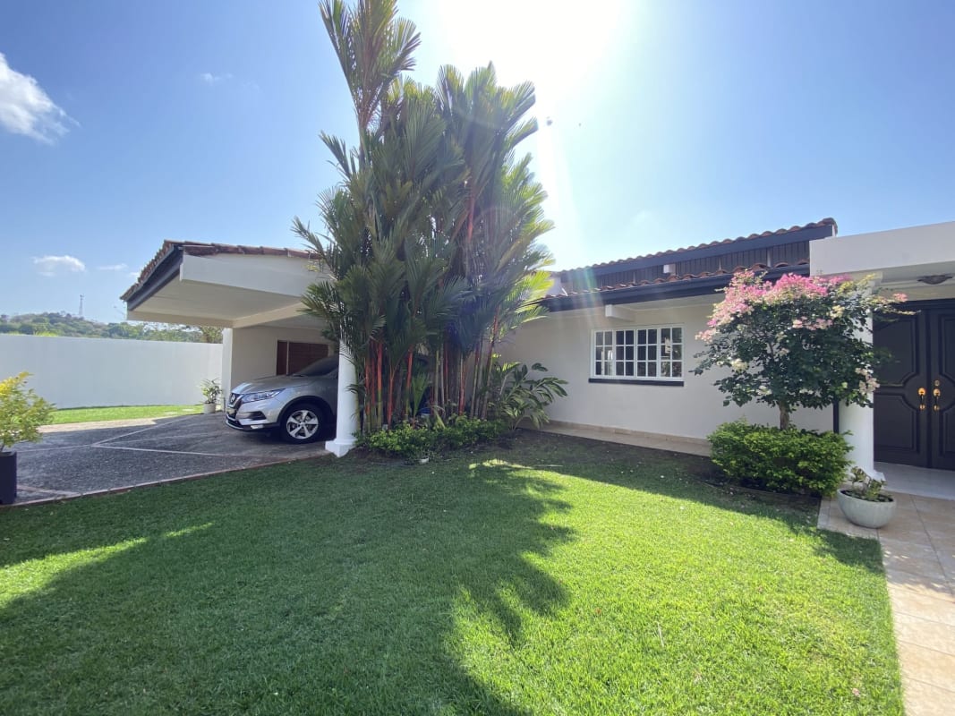Spacious backyard patio with dining set, tropical garden trees Las Cumbres Panama