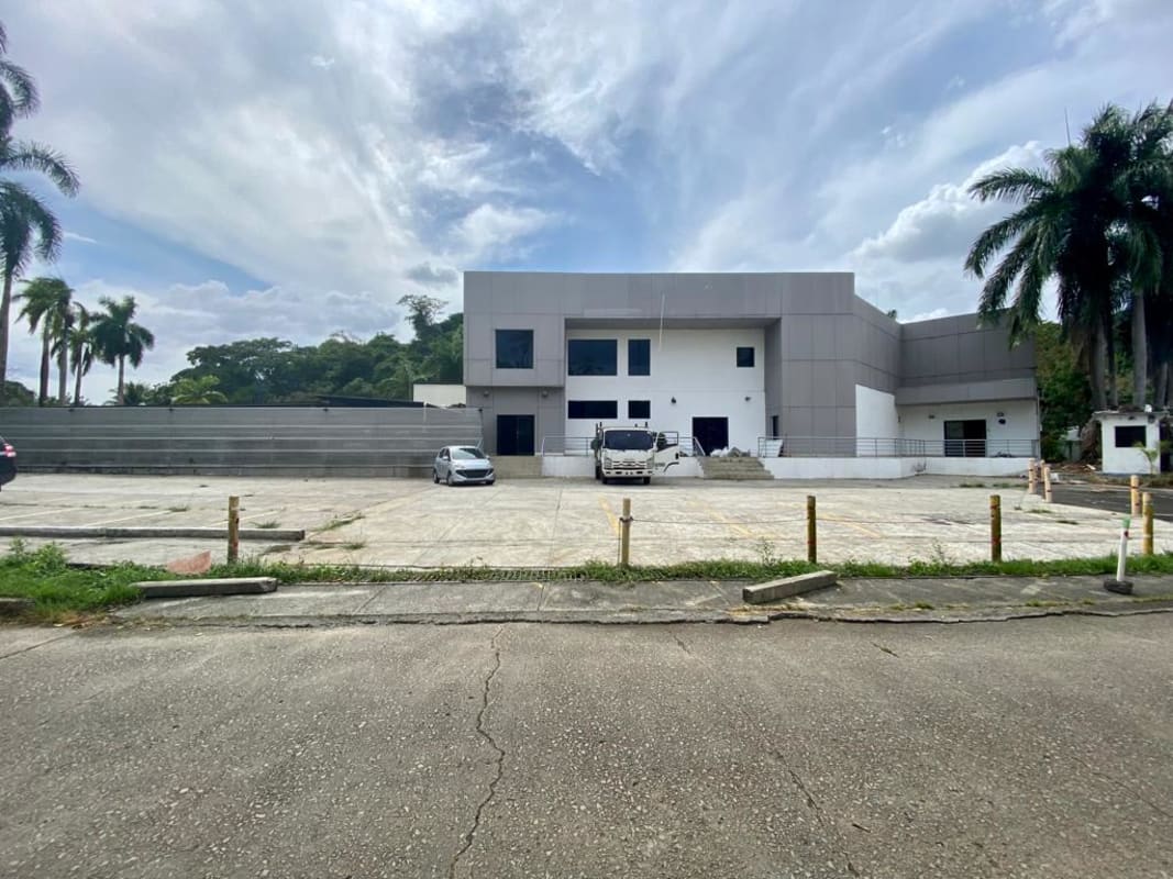 Modern commercial complex with large concrete parking lot and palm trees Albrook