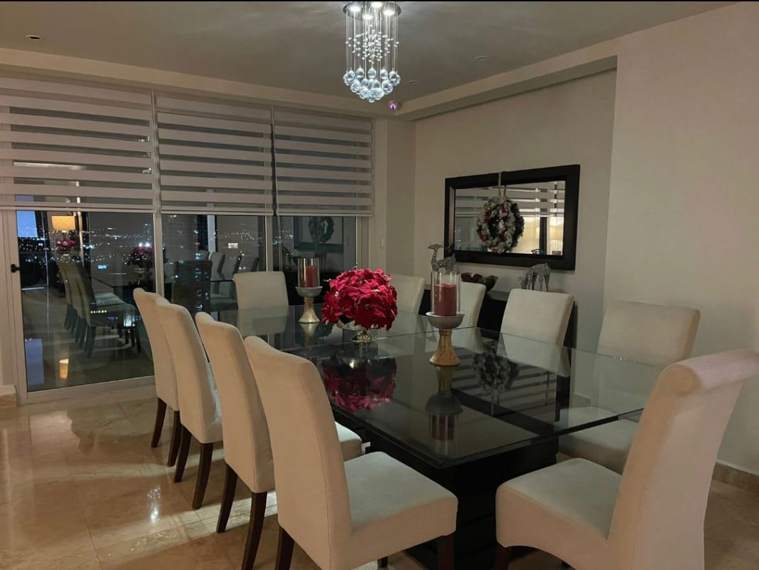 Living room blue sofa wallpaper AC unit PH Titanium Costa del Este