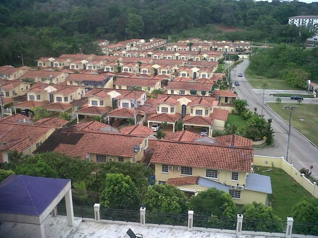 Aerial view of Green Valley gated community Clayton with Mediterranean style houses and greenery Panama City