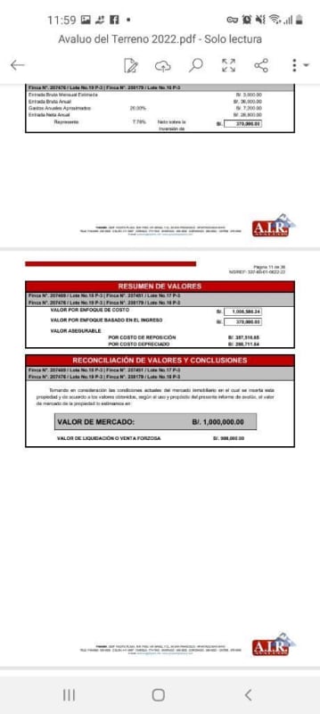 Screenshot appraisal document valuation summary market real estate Panama City La Doña