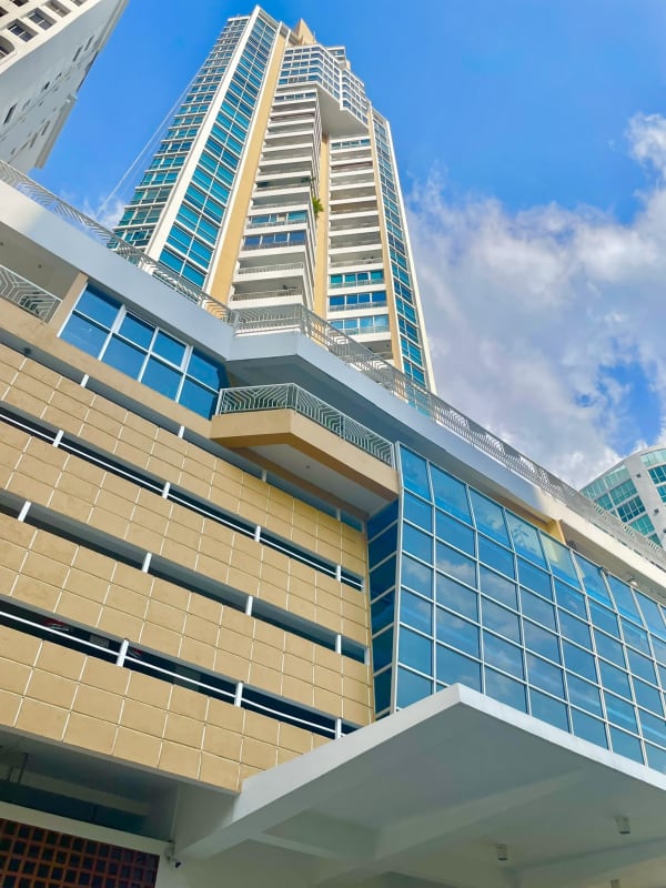 Modern apartment kitchen granite counters gas stove Keops Tower Panama City