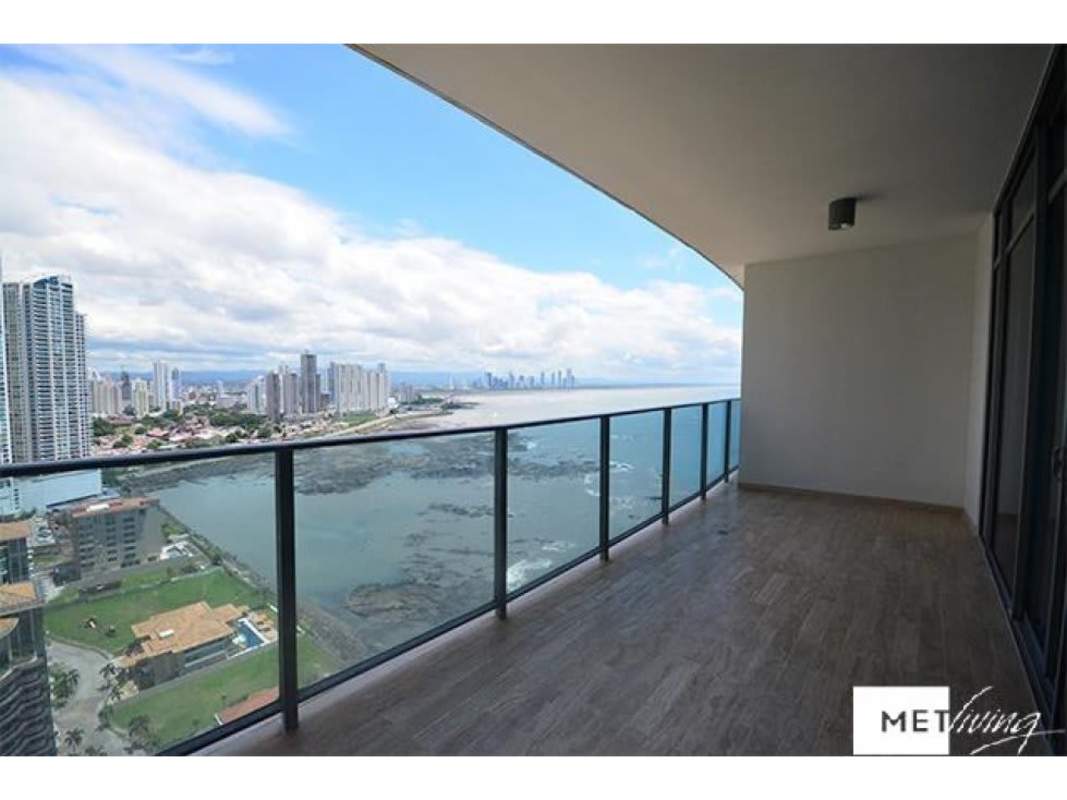 Glass barrier balcony with breathtaking ocean and Punta Pacifica skyline views in Grand Tower Panama City