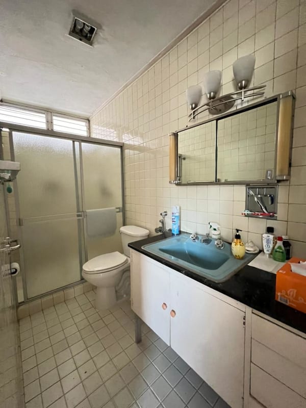 Bathroom with frosted glass shower and retro blue sink in house for sale El Carmen Panama