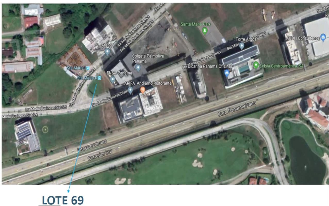 Survey map showing commercial lots for sale including Lot 69 and Lot 51 located within Santa María Business District Panama