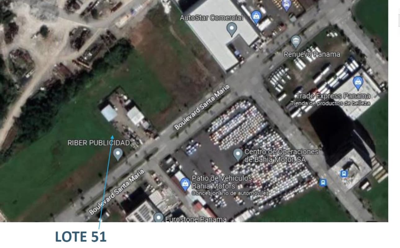 Detailed aerial image showing Lot 69 and Lot 51 with road access inside Santa María Business District Panama