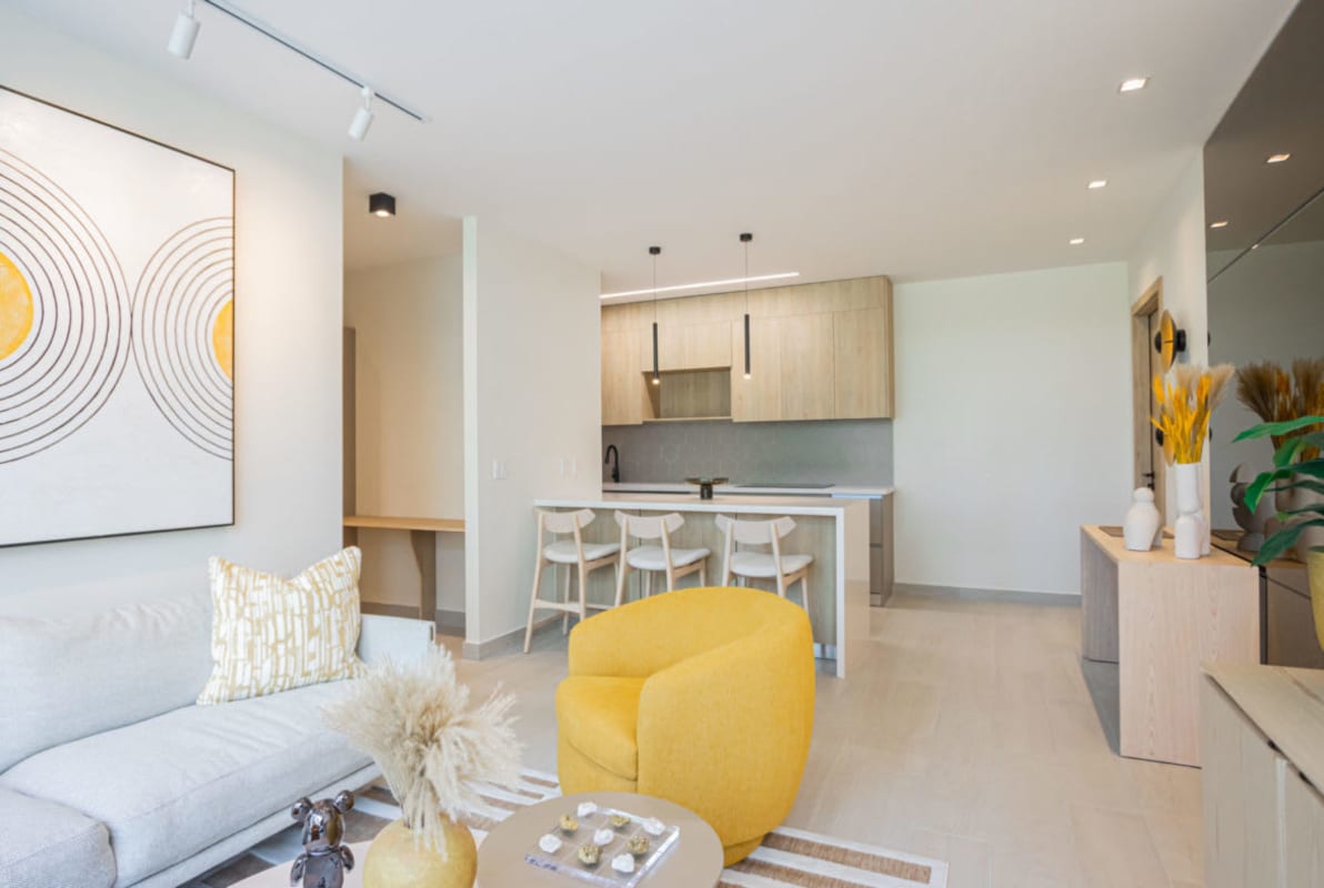 Minimalist open kitchen island hex tile marble backsplash PH Nogal Panama