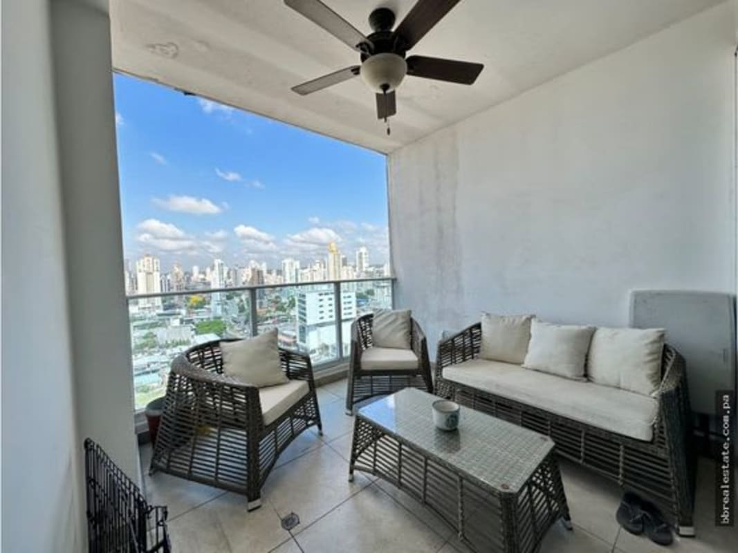 Outdoor balcony terrace with skyline view PH Premium Tower San Francisco Panama apartment for sale