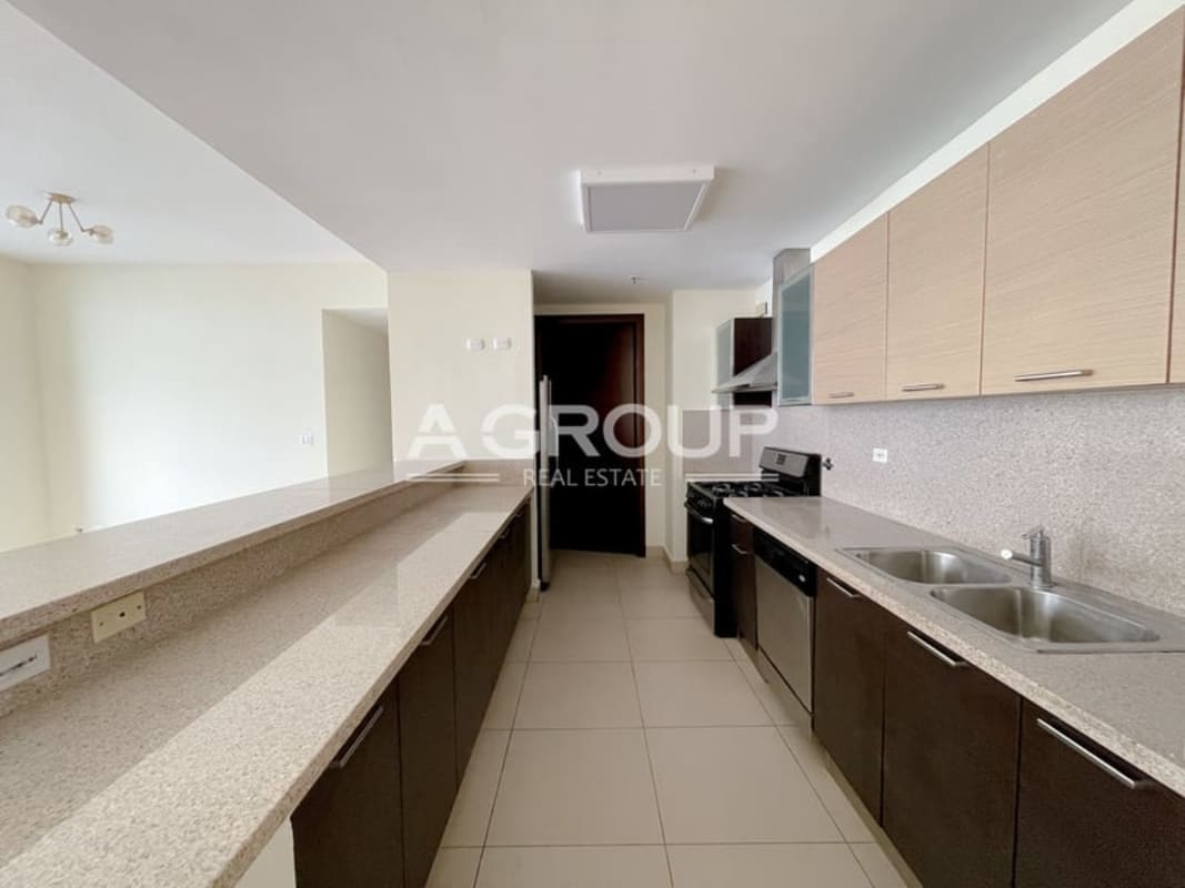 Contemporary kitchen with granite tops, stainless appliances in PH Dupont Tower Punta Pacifica Panama