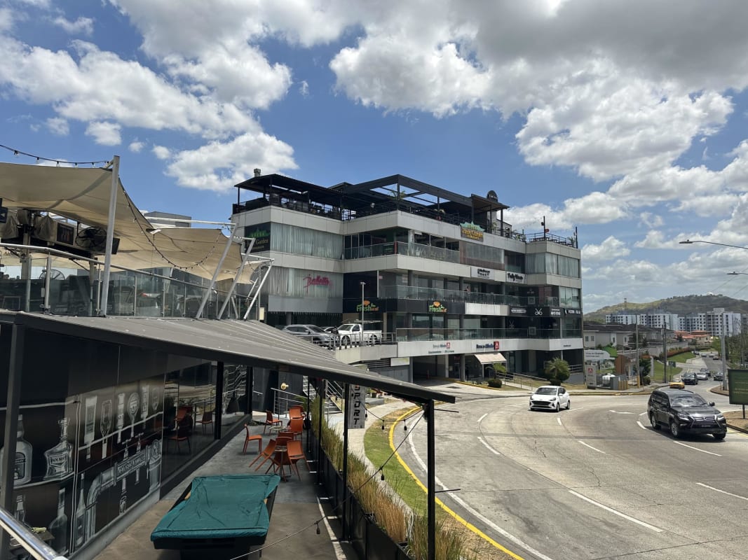 Modern retail plaza panorama with rooftop terrace and outdoor dining Centennial Panama City
