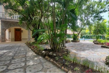 Private outdoor basketball half court surrounded by trees in luxury Punta Barco estate