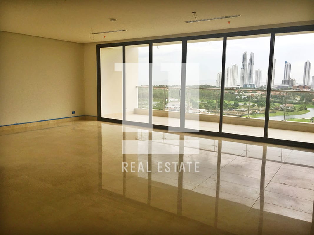 Luxury apartment living room with marble floors and golf course view Santa María Panama