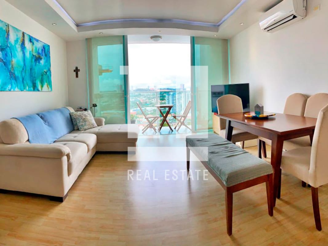 Stylish bathroom with glass shower and modern sink Foresta Tower Panama City