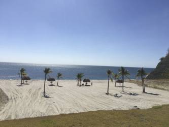 Sandy beach with palapas and palm trees at Playa del Sol San Carlos Panama