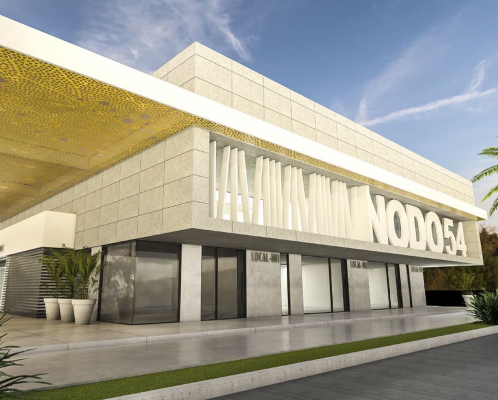 Contemporary commercial facade with glass windows and covered walkway Plaza Nodo54 Panama