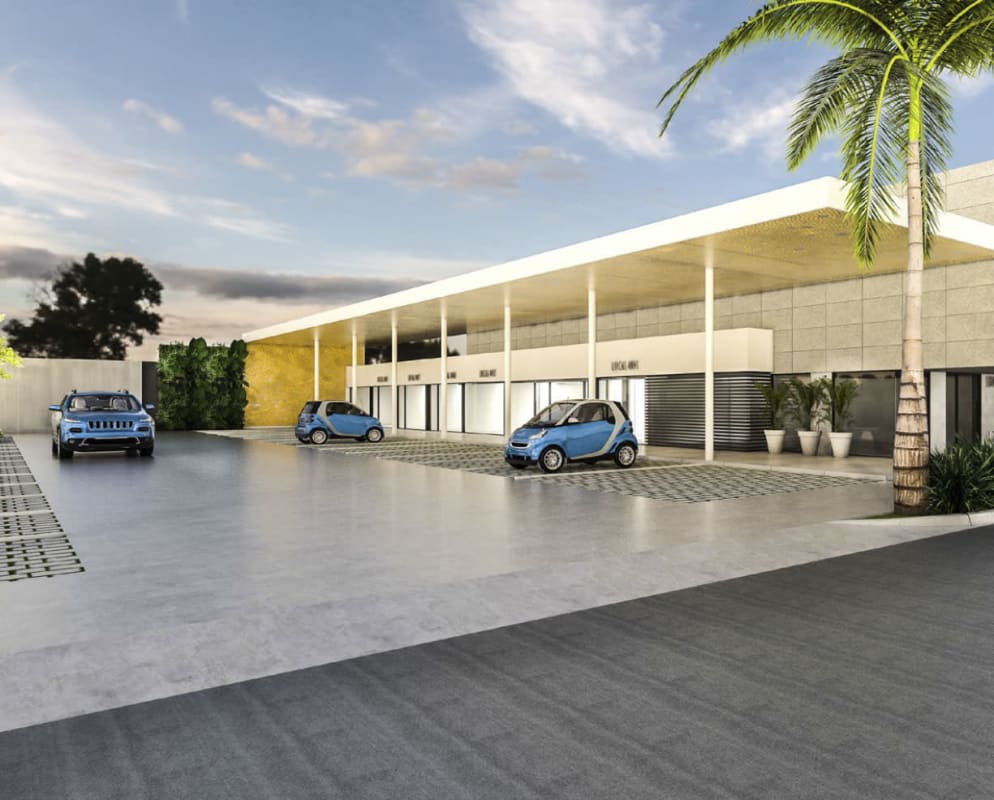 Plaza Nodo54 exterior with vertical greenery, parking and glass storefronts in Marbella Panama