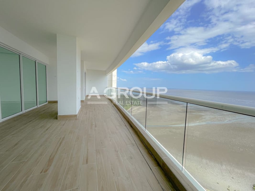 Luxury living room marble flooring large windows ocean skyline views PH Marea II Costa del Este Panama