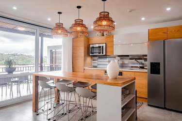 Infinity pool beachfront with ocean view and palms in Playa Venao