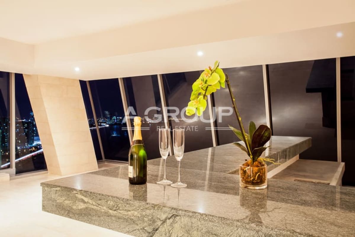 Infinity pool area overlooking Pacific Ocean at Grand Tower Punta Pacifica luxury condo Panama