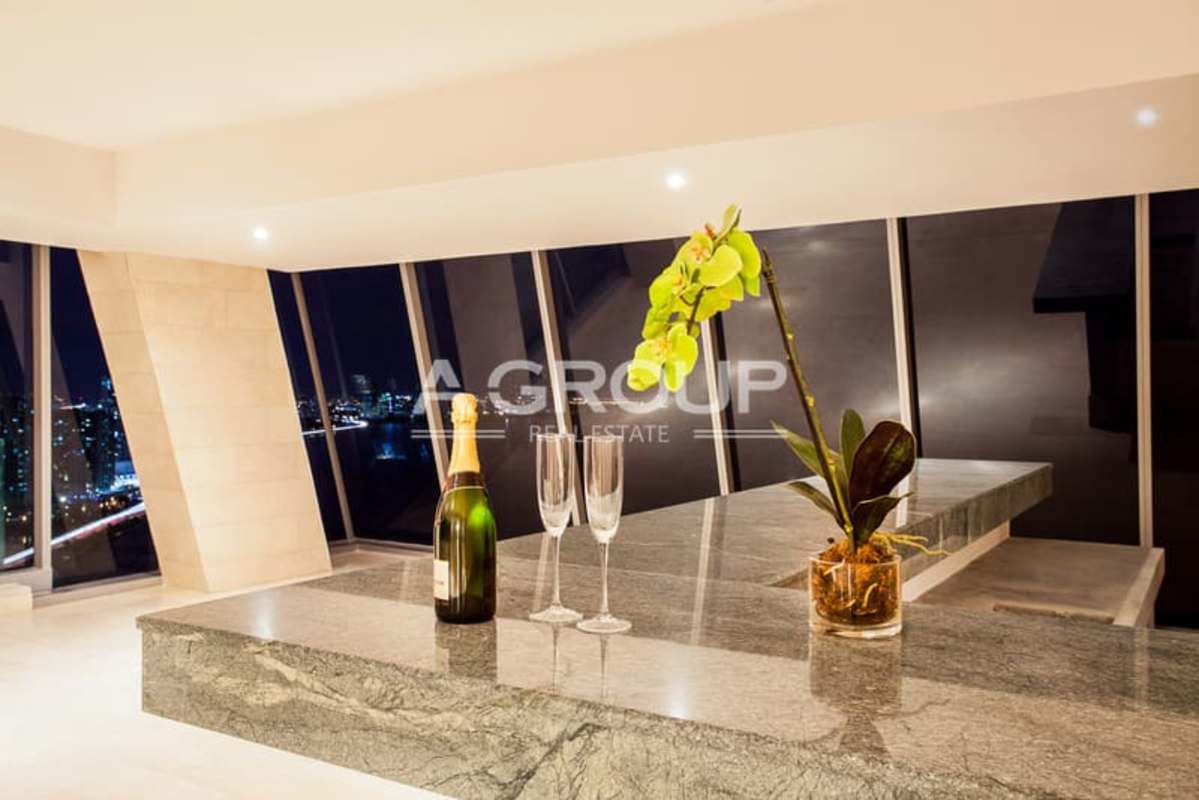 Luxury infinity pool overlooking ocean at Grand Tower Punta Pacifica Panama