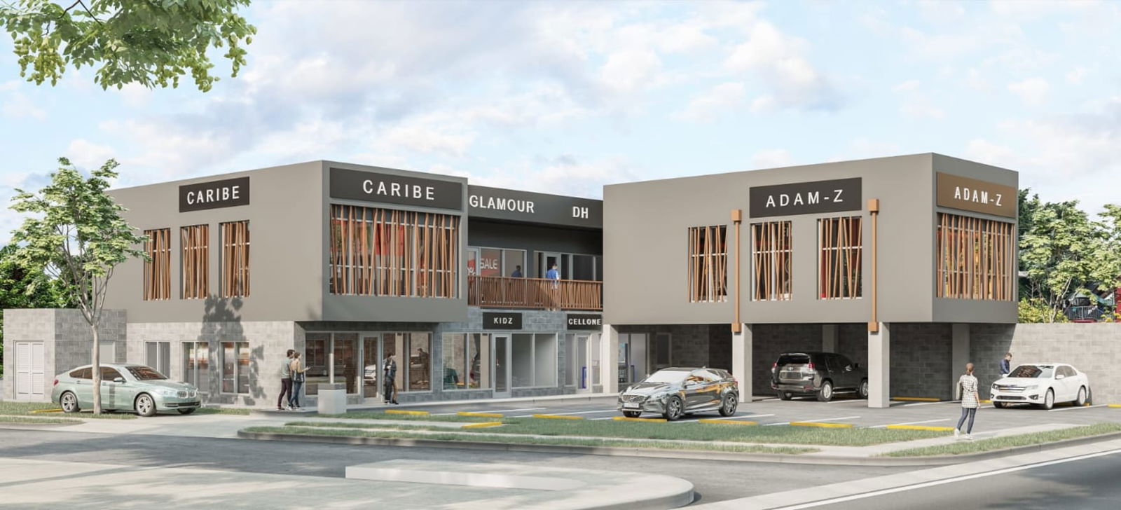 Modern two-story commercial plaza with black and white facade and parking lot on Via España