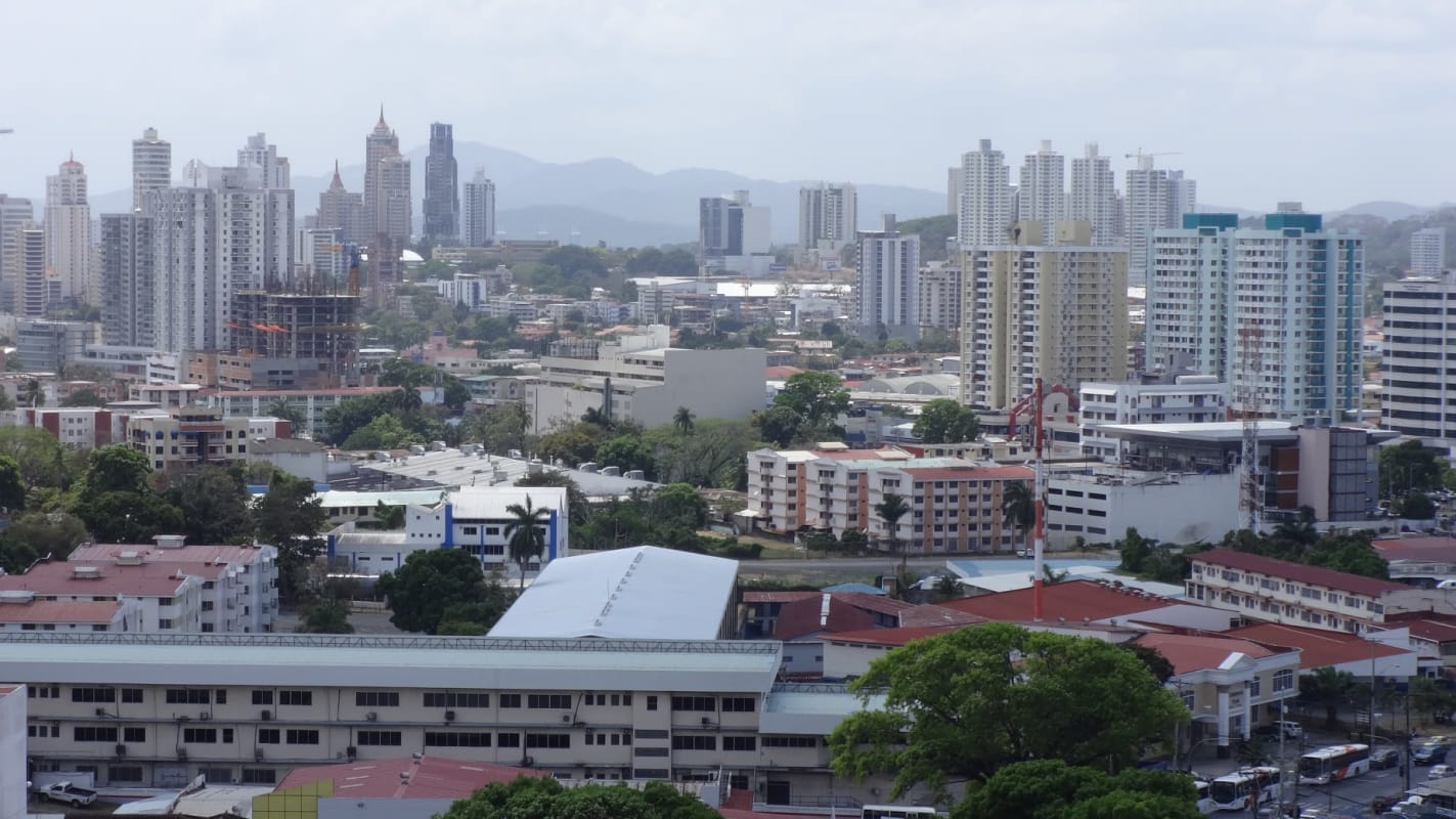 Aerial panorama of Panama City skyscrapers including investment hotel and casino properties