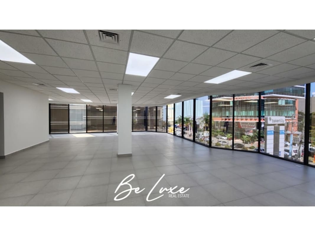 City skyline visible through large windows in spacious corporate office in Obarrio