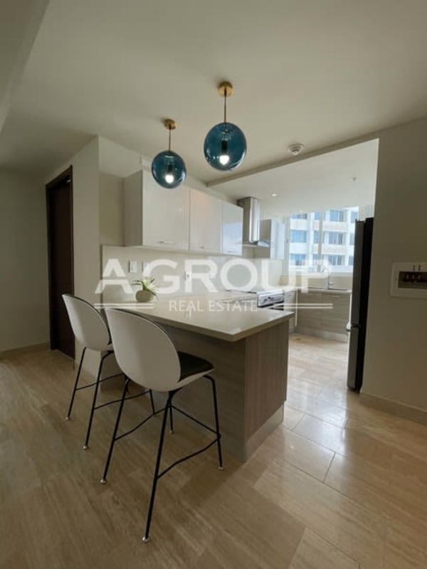 Contemporary kitchen with island, stainless steel appliances and floor-to-ceiling window in Costa del Este Panama