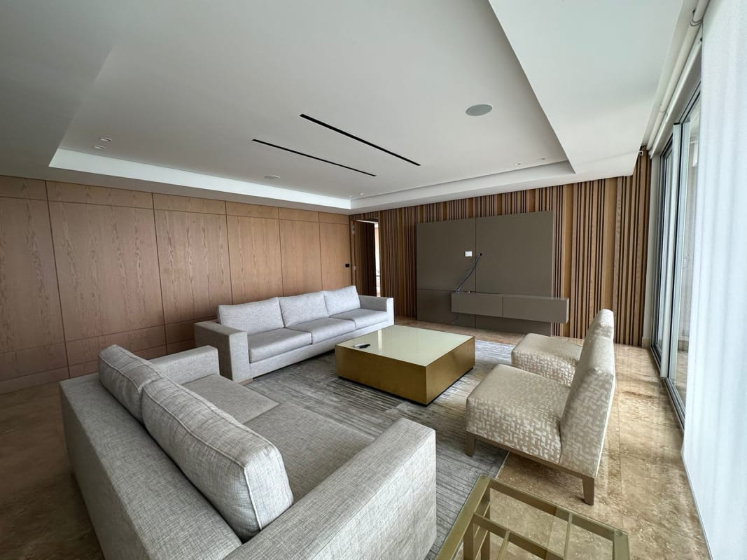 Gourmet kitchen and dining with marble island and upscale cabinetry PH Q Tower Panama City