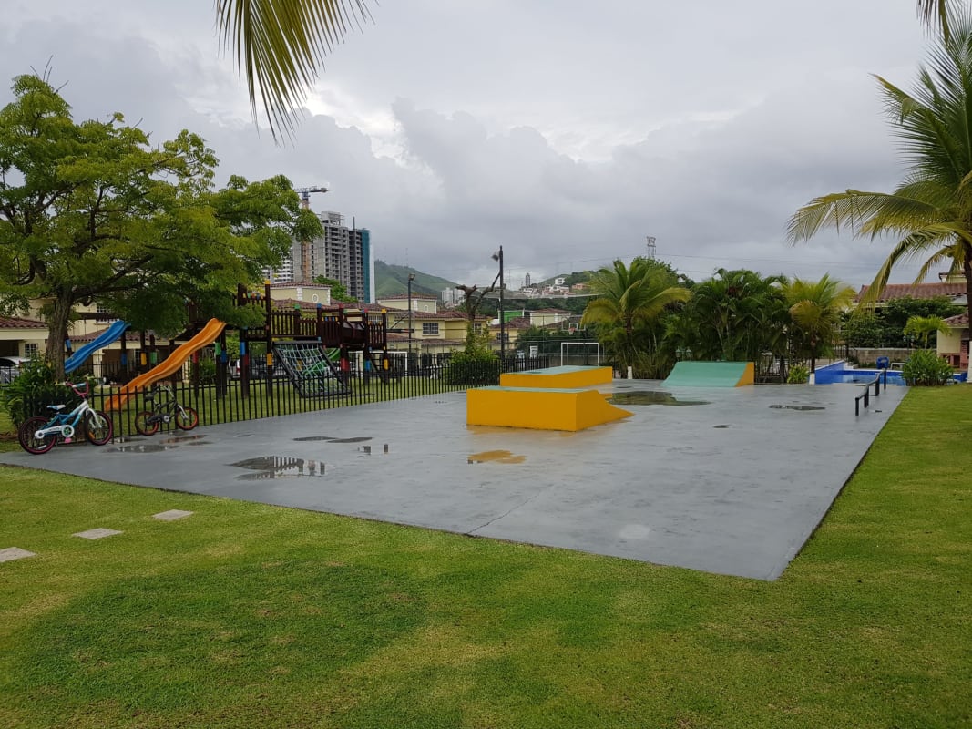 Multi-use basketball and soccer court with secure fencing in Crystal Springs Panama