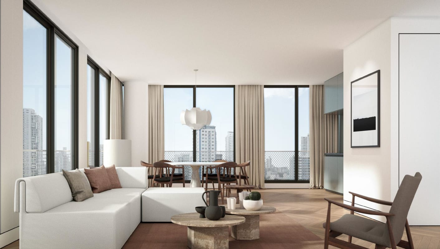 Contemporary living dining area with city skyline view at Loom Residences Panama