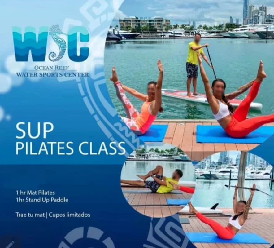 People doing Pilates and paddleboarding on marina dock at Ocean Reef Panama
