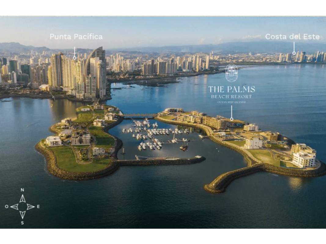 Logo of The Palms Beach Resort at Ocean Reef Islands Panama with sky background