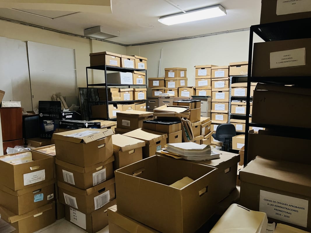 Archive storage room with shelves and boxes in Parque Lefevre commercial space Panama