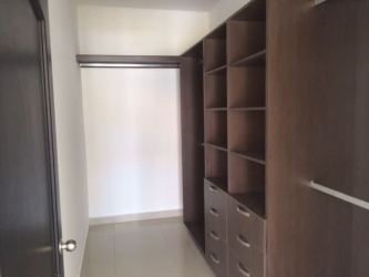 Modern walk-in closet with custom shelving and drawers in master suite Hacienda Pacifica Panama