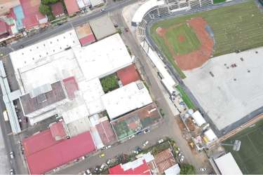 Aerial rooftop view overlooking Feuillet neighborhood and sports stadium La Chorrera Panama
