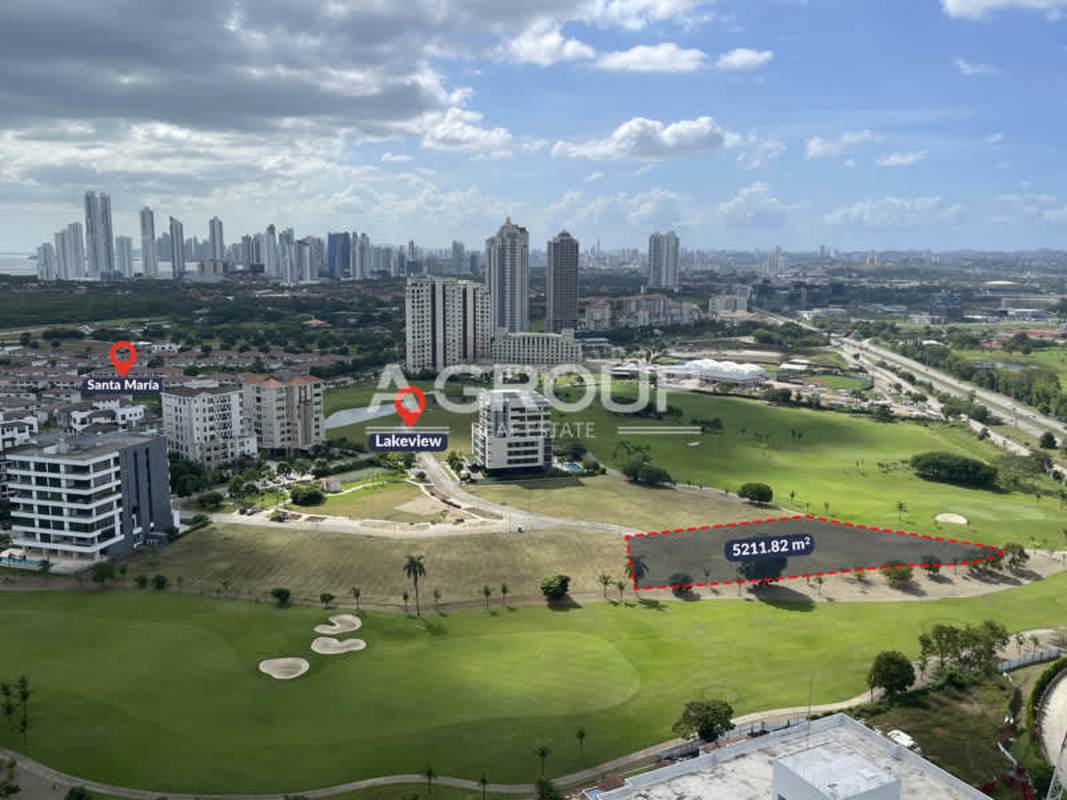 Aerial view of upscale condos, golf course, and lakes in Santa Maria Panama