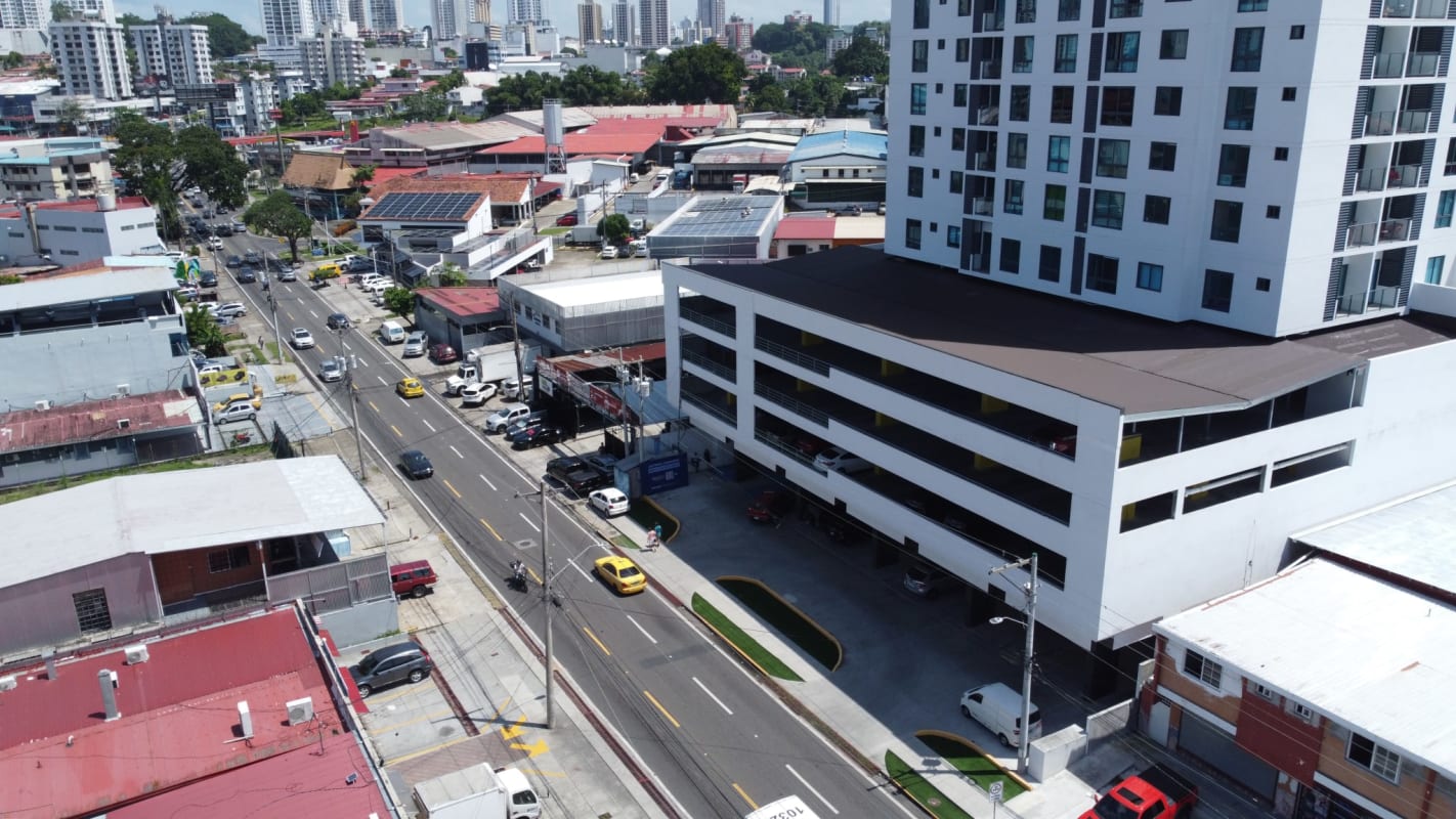 Aerial view modern high-rise buildings commercial zones near Época Plaza Parque Lefevre Panama
