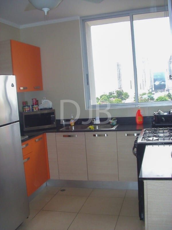 Modern kitchen equipped with gas stove, refrigerator, and large window with city view in PH San Francisco Tower Panama City