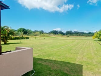 Large backyard lawn and garden with palm trees at Villas Decameron home Rio Hato Panama
