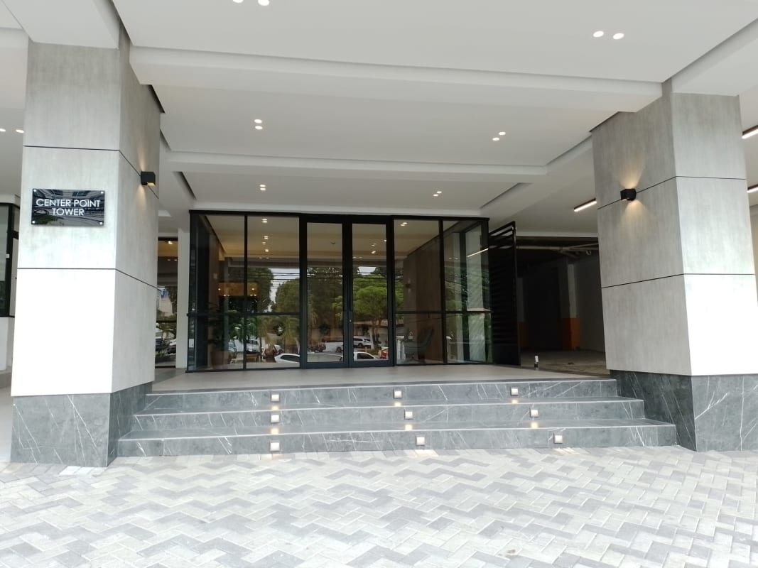 Modern bathroom with glass walk-in shower in CenterPoint Tower Panama City