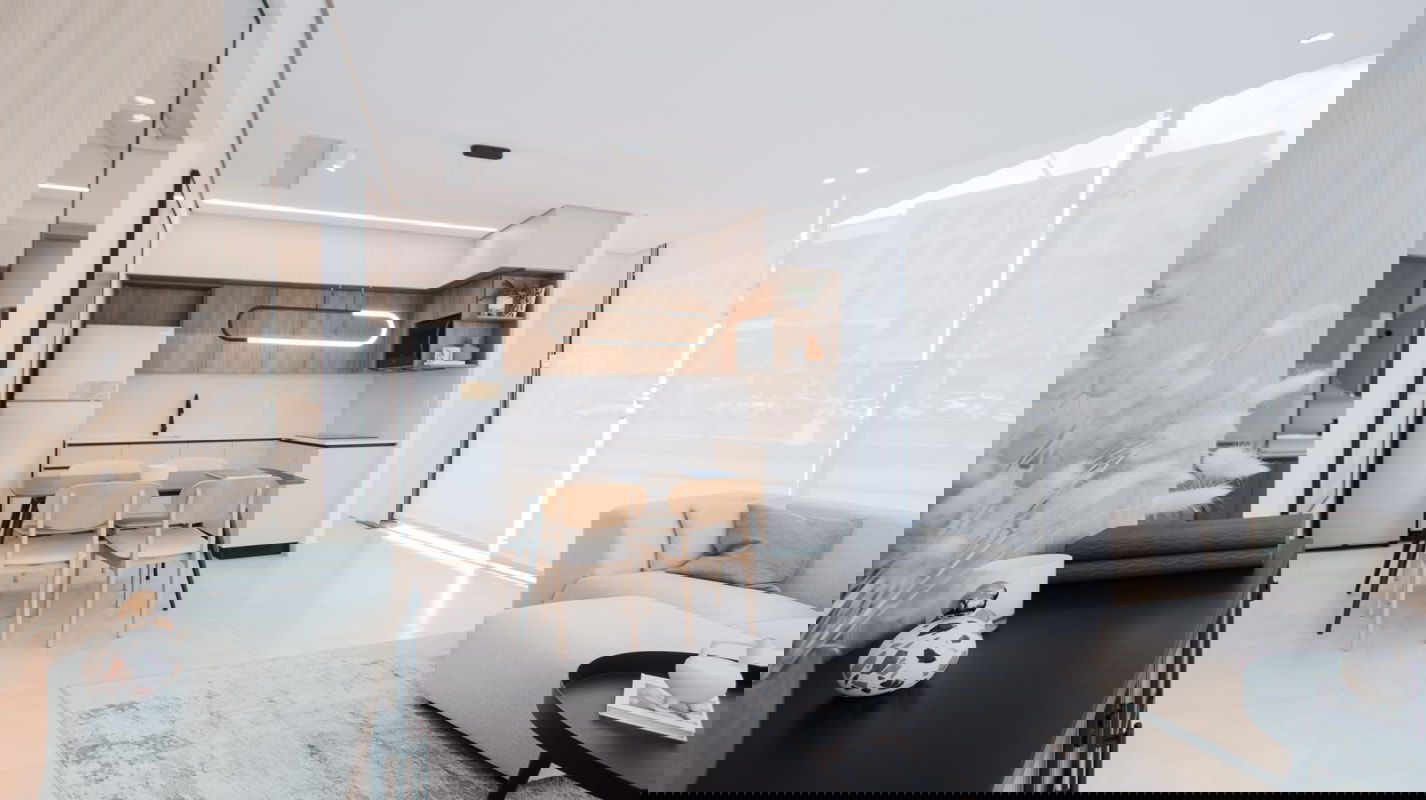 Minimal bedroom in Sky Park Costa del Este with floor-to-ceiling glass overlooking city