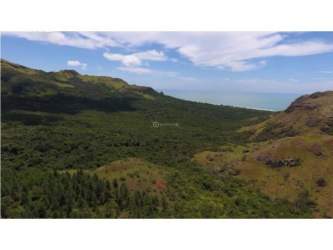 Aerial view of lush coastline and forested land parcel with mountain backdrop at Playa Caracol Punta Chame Panama