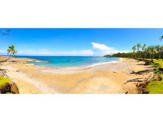 Panoramic shot of palm-lined sandy Caribbean beach with crystal waters at Villa Real Bay Palenque Colon Panama