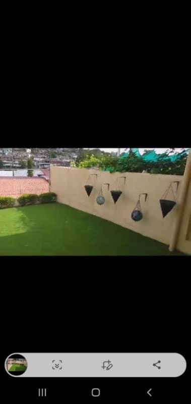 Private backyard with green lawn, hanging plants, and panoramic city view in Alto del Bosque house Panama