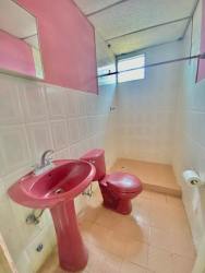 Vintage style bathroom with pink sink and toilet at house Fuente del Chase La Chorrera